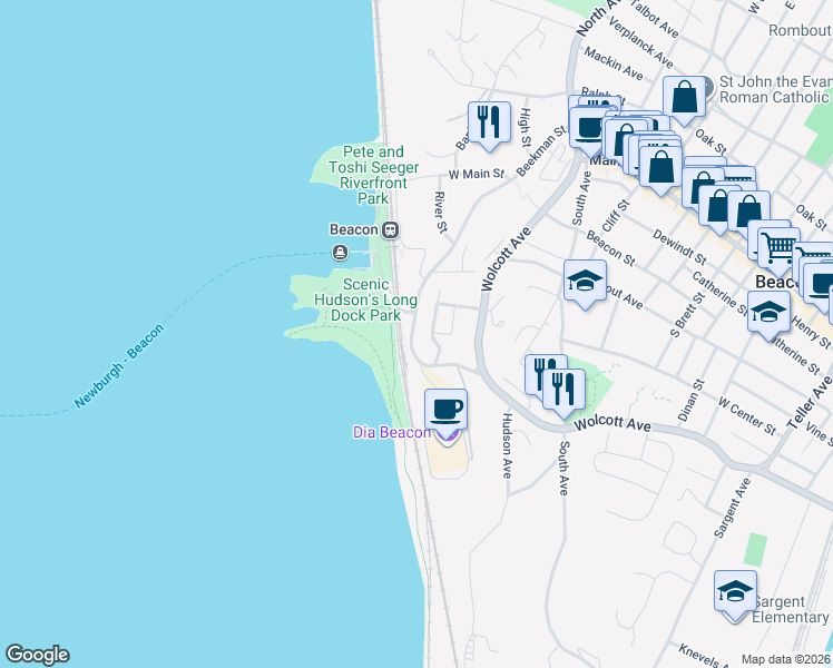 map of restaurants, bars, coffee shops, grocery stores, and more near 19 Bayview Avenue in Beacon
