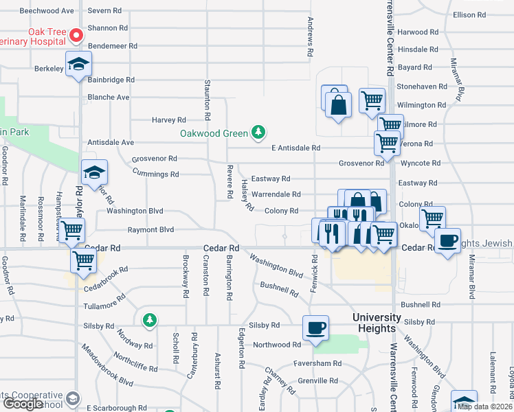map of restaurants, bars, coffee shops, grocery stores, and more near 3759 Colony Road in South Euclid