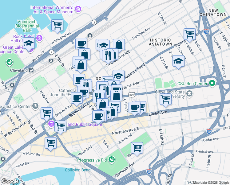 map of restaurants, bars, coffee shops, grocery stores, and more near 1701 East 12th Street in Cleveland