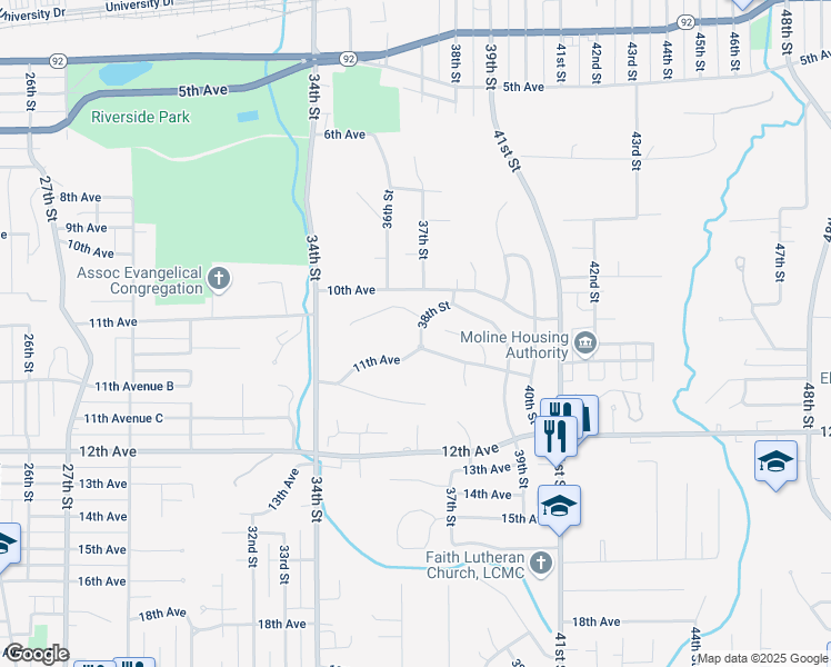 map of restaurants, bars, coffee shops, grocery stores, and more near 1027 38th Street in Moline