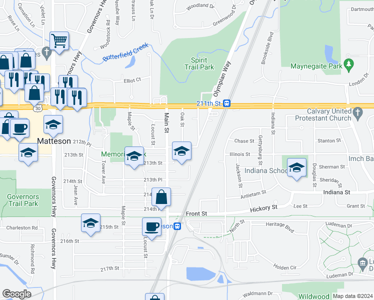 map of restaurants, bars, coffee shops, grocery stores, and more near 3517 212th Place in Matteson