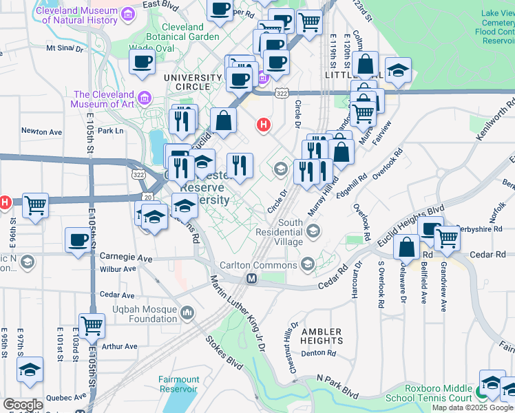 map of restaurants, bars, coffee shops, grocery stores, and more near 2145 Adelbert Road in Cleveland