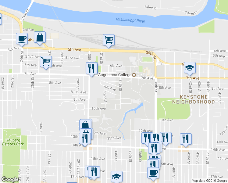 map of restaurants, bars, coffee shops, grocery stores, and more near 3328 8th Avenue in Rock Island