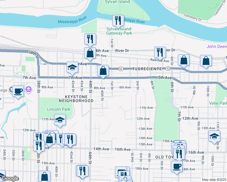 map of restaurants, bars, coffee shops, grocery stores, and more near 610 1st Street in Moline