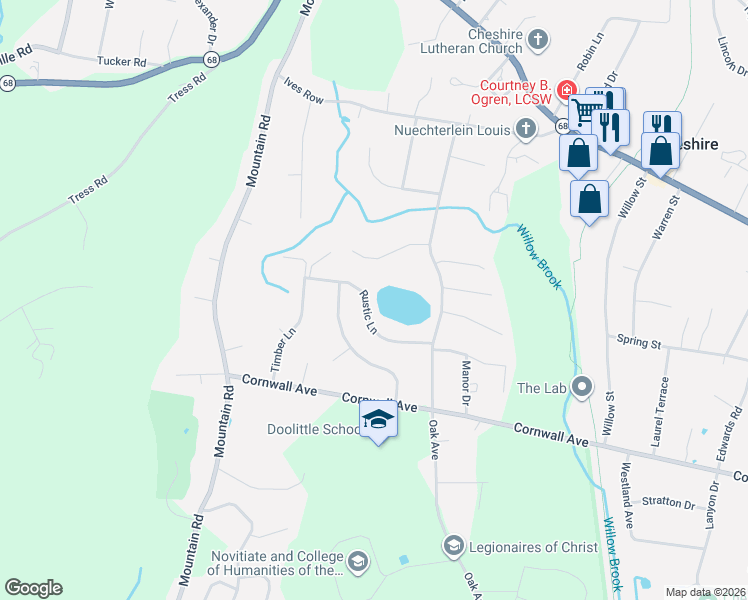 map of restaurants, bars, coffee shops, grocery stores, and more near 726 Rustic Ln in Cheshire