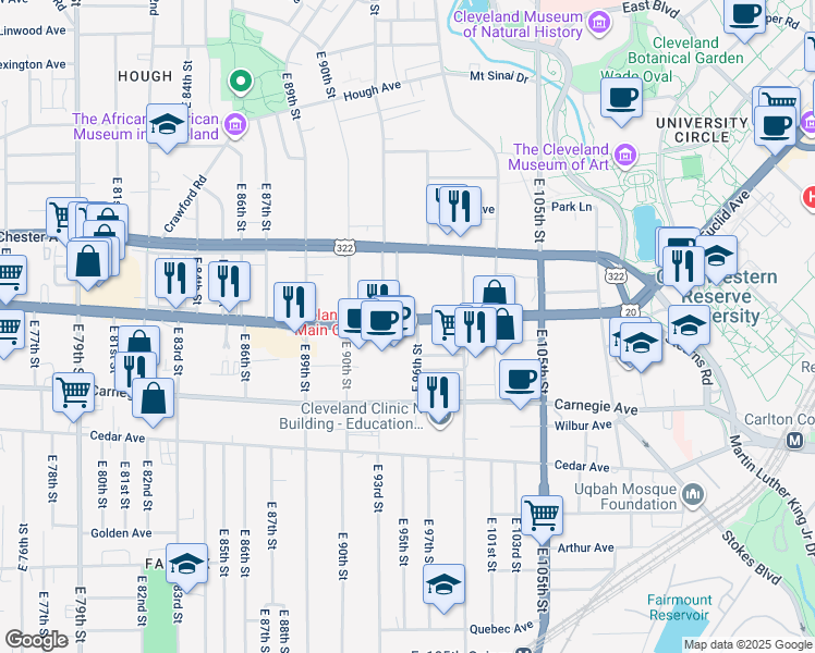 map of restaurants, bars, coffee shops, grocery stores, and more near 9500 Euclid Avenue in Cleveland