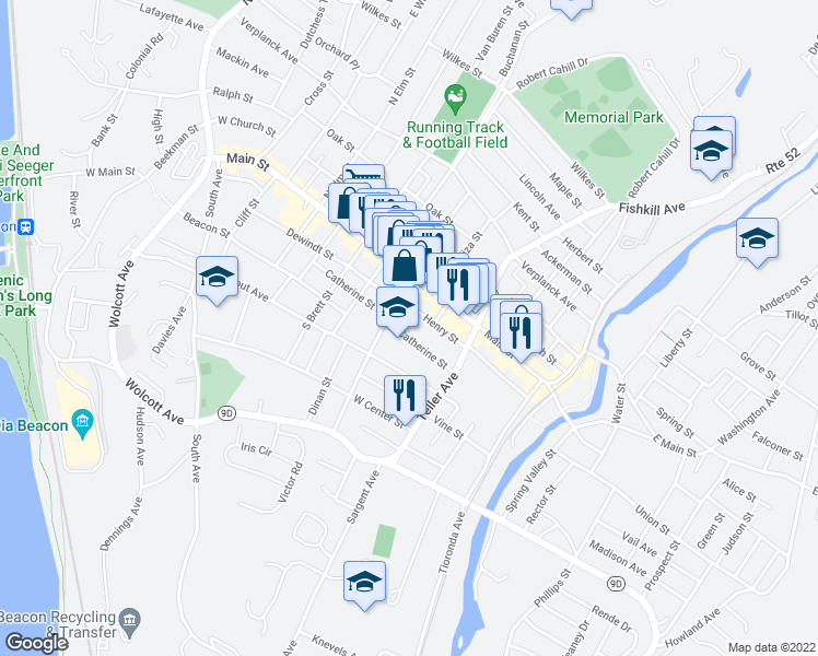 map of restaurants, bars, coffee shops, grocery stores, and more near 19 Henry Street in Beacon