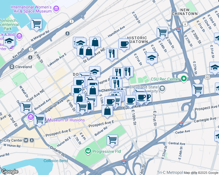 map of restaurants, bars, coffee shops, grocery stores, and more near 1465 Chester Avenue in Cleveland