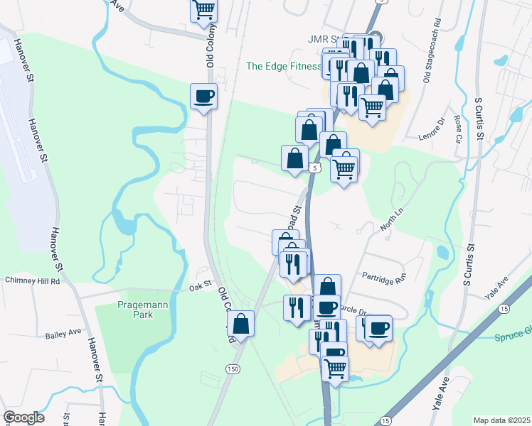 map of restaurants, bars, coffee shops, grocery stores, and more near Stephen Barberino Way in Wallingford