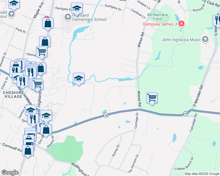 map of restaurants, bars, coffee shops, grocery stores, and more near 5 Baxter Court in Cheshire