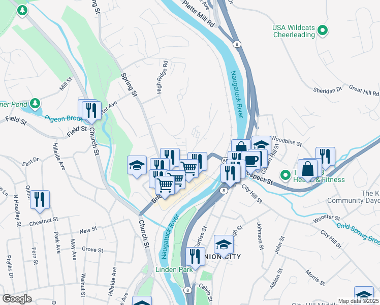 map of restaurants, bars, coffee shops, grocery stores, and more near 14 Washington Street in Naugatuck