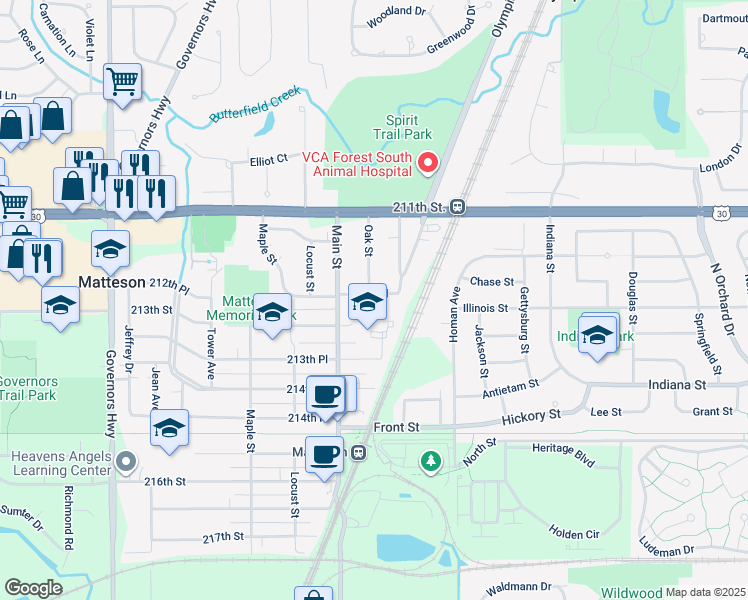 map of restaurants, bars, coffee shops, grocery stores, and more near 3525 212th Place in Matteson