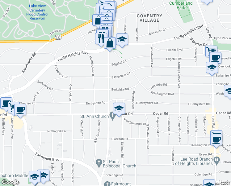 map of restaurants, bars, coffee shops, grocery stores, and more near 2828 Berkshire Road in Cleveland Heights