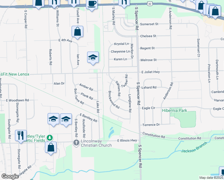 map of restaurants, bars, coffee shops, grocery stores, and more near 736 Brockwood Road in New Lenox