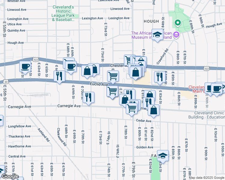 map of restaurants, bars, coffee shops, grocery stores, and more near 7500 Euclid Avenue in Cleveland