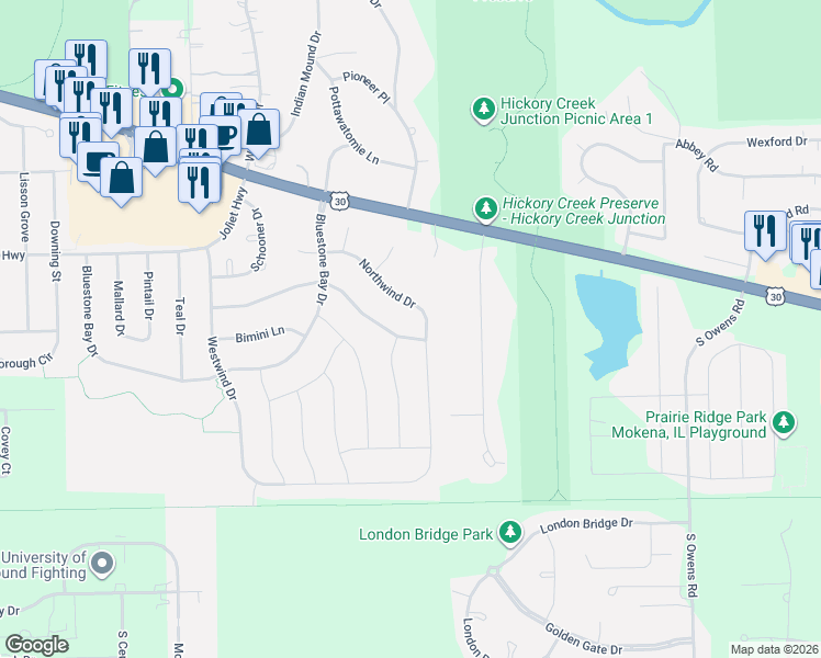 map of restaurants, bars, coffee shops, grocery stores, and more near 2917 Gannet Lane in New Lenox