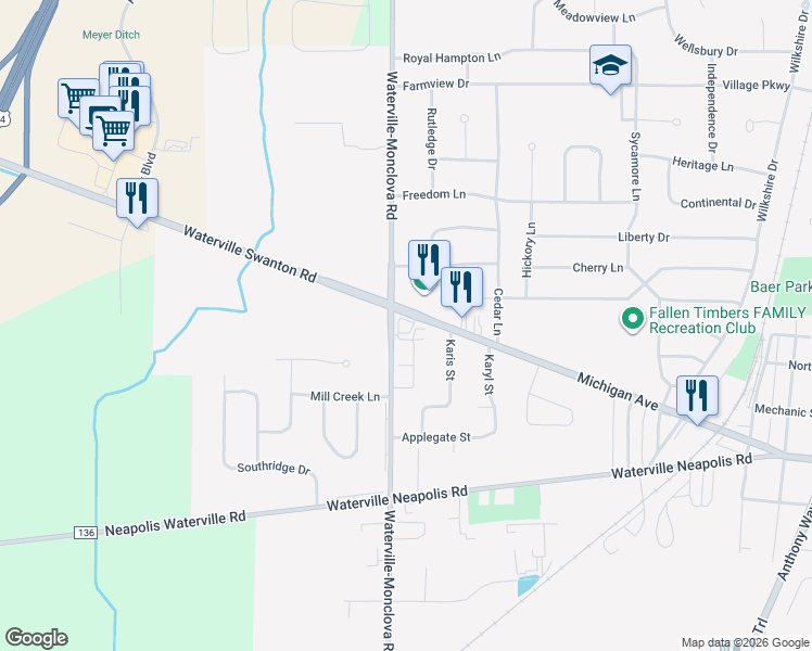 map of restaurants, bars, coffee shops, grocery stores, and more near 1365 Michigan Avenue in Waterville