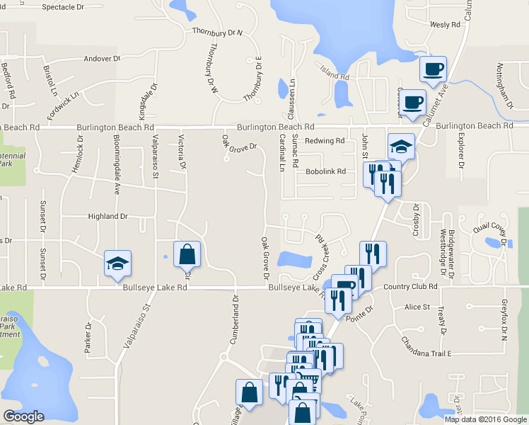 map of restaurants, bars, coffee shops, grocery stores, and more near 3823 Oak Grove Drive in Valparaiso