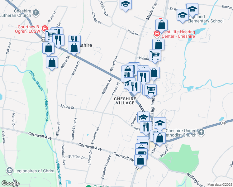 map of restaurants, bars, coffee shops, grocery stores, and more near 46 Cherry Street in Cheshire