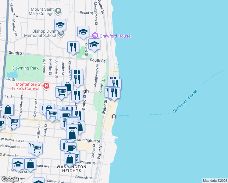 map of restaurants, bars, coffee shops, grocery stores, and more near 50 Front Street in Newburgh