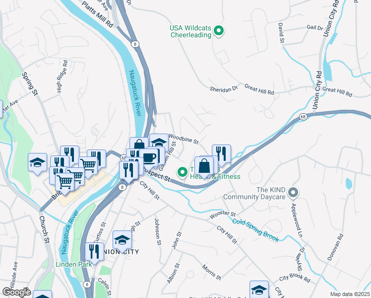 map of restaurants, bars, coffee shops, grocery stores, and more near 25 Stanley Street in Naugatuck