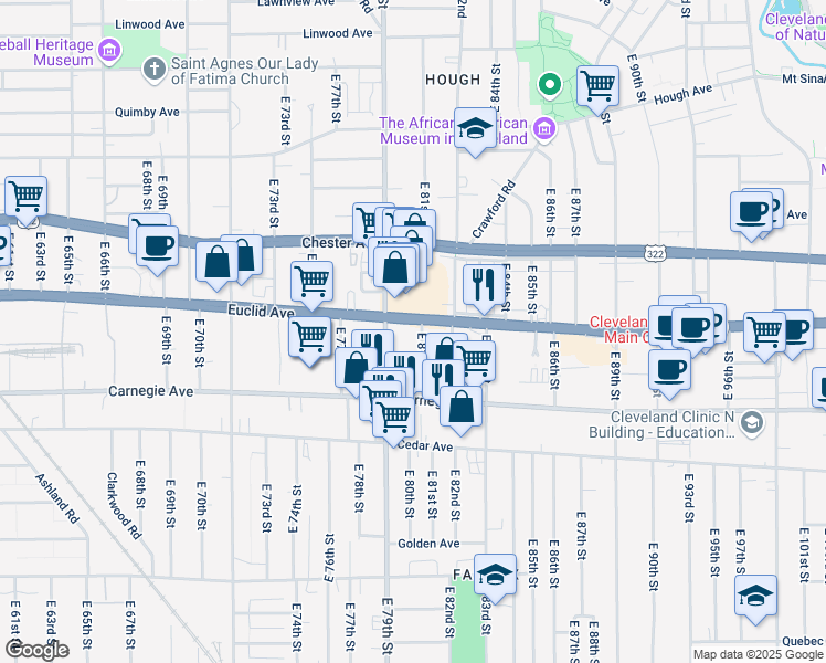 map of restaurants, bars, coffee shops, grocery stores, and more near in Cleveland