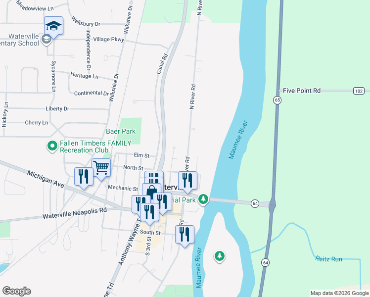 map of restaurants, bars, coffee shops, grocery stores, and more near 257 North River Road in Waterville