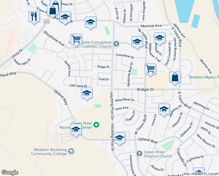 map of restaurants, bars, coffee shops, grocery stores, and more near 1410 Hitching Post Drive in Green River