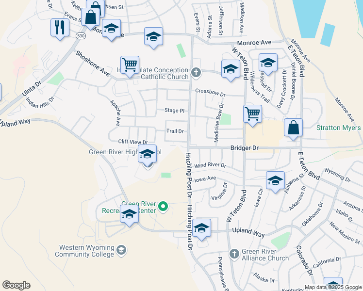 map of restaurants, bars, coffee shops, grocery stores, and more near 1410 Hitching Post Drive in Green River