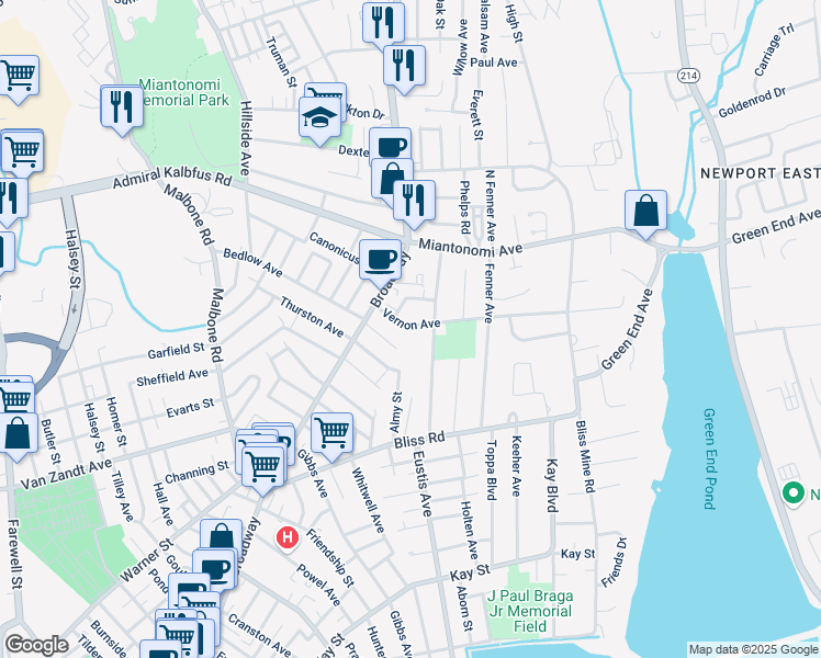 map of restaurants, bars, coffee shops, grocery stores, and more near 21 Vernon Avenue in Newport