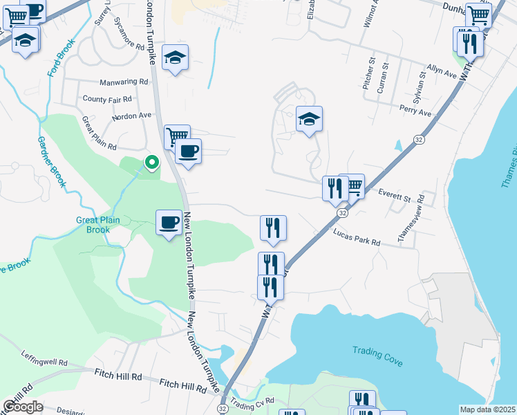 map of restaurants, bars, coffee shops, grocery stores, and more near 527 West Thames Street in Norwich