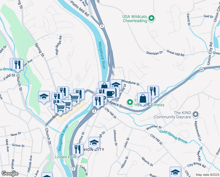 map of restaurants, bars, coffee shops, grocery stores, and more near 24 Wood Street in Naugatuck
