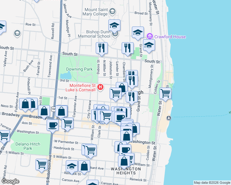 map of restaurants, bars, coffee shops, grocery stores, and more near in Newburgh