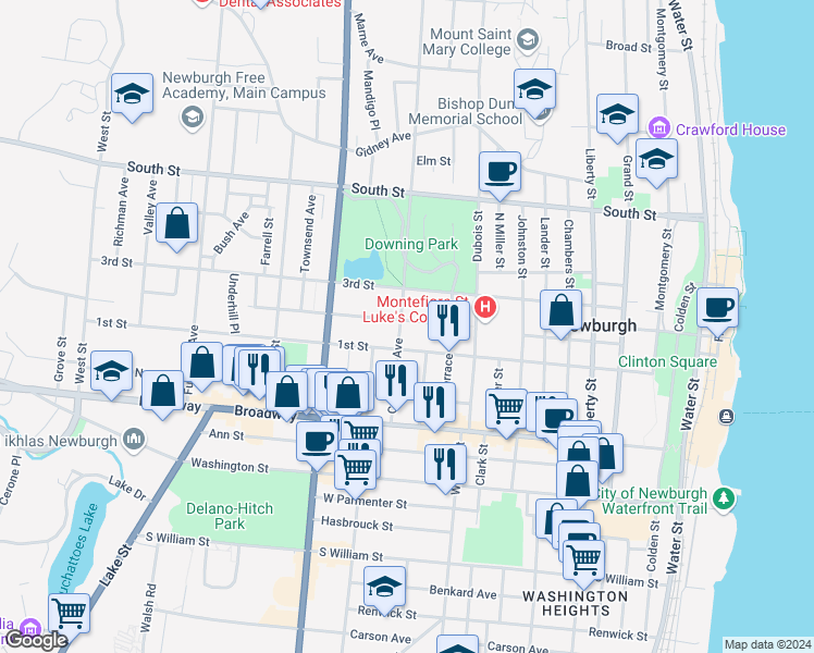 map of restaurants, bars, coffee shops, grocery stores, and more near 45 Carter Street in Newburgh