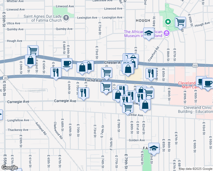 map of restaurants, bars, coffee shops, grocery stores, and more near 7600 Euclid Avenue in Cleveland