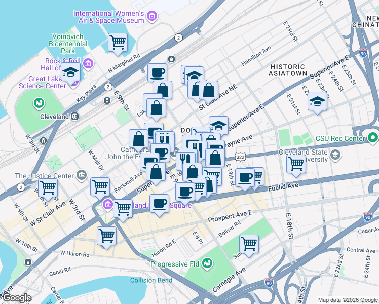 map of restaurants, bars, coffee shops, grocery stores, and more near 1111 Superior Avenue in Cleveland