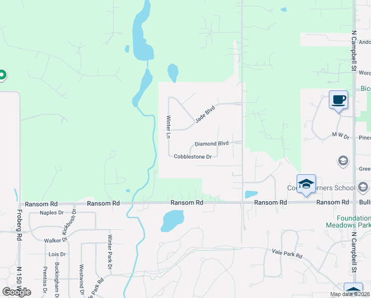 map of restaurants, bars, coffee shops, grocery stores, and more near Cobblestone Drive in Valparaiso