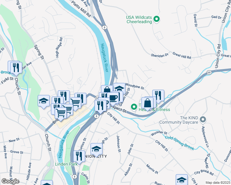 map of restaurants, bars, coffee shops, grocery stores, and more near 24 Wood Street in Naugatuck