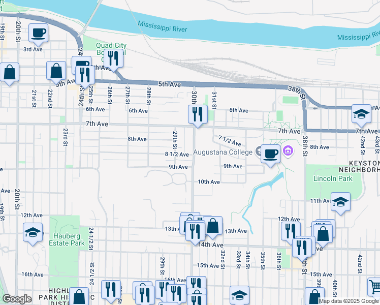 map of restaurants, bars, coffee shops, grocery stores, and more near 2905 8 1/2 Avenue in Rock Island