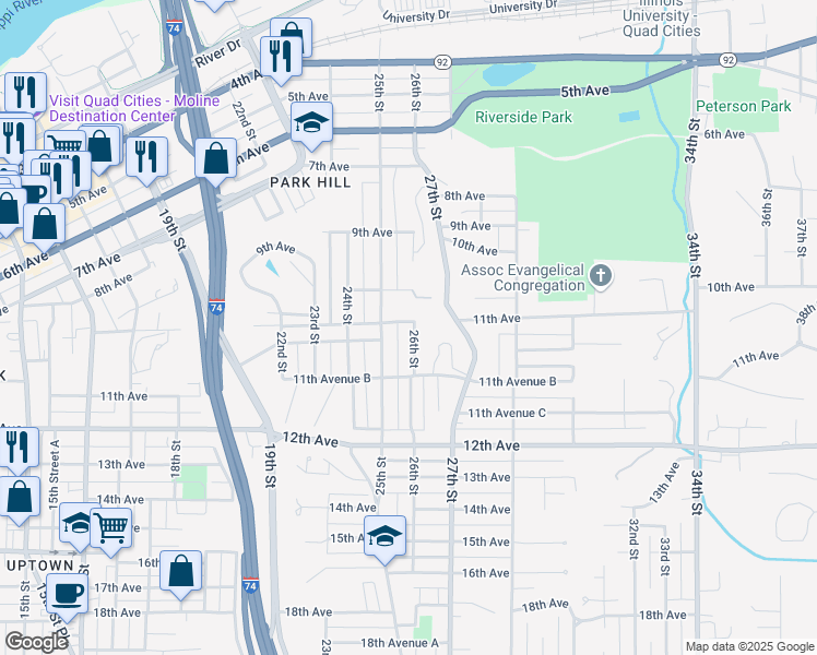 map of restaurants, bars, coffee shops, grocery stores, and more near 1101 26th Street in Moline