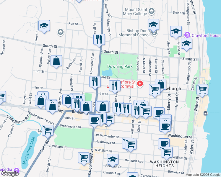 map of restaurants, bars, coffee shops, grocery stores, and more near 65 Carter Street in Newburgh