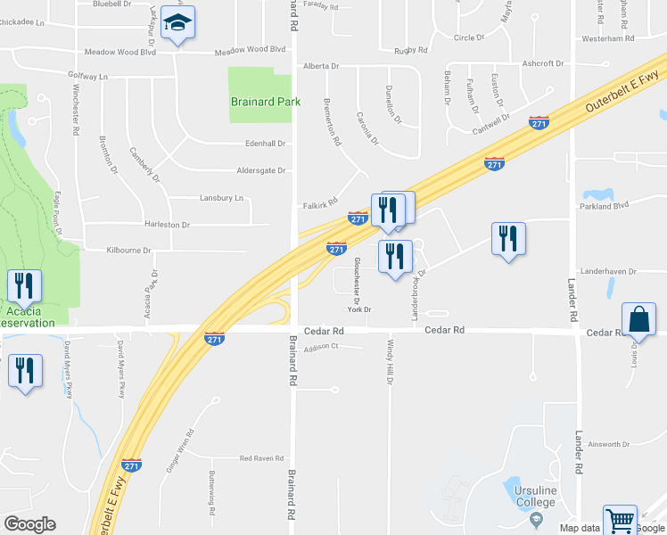 map of restaurants, bars, coffee shops, grocery stores, and more near 5604 Spotswood Drive in Cleveland