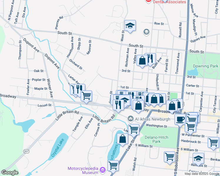 map of restaurants, bars, coffee shops, grocery stores, and more near 57 West Street in Newburgh