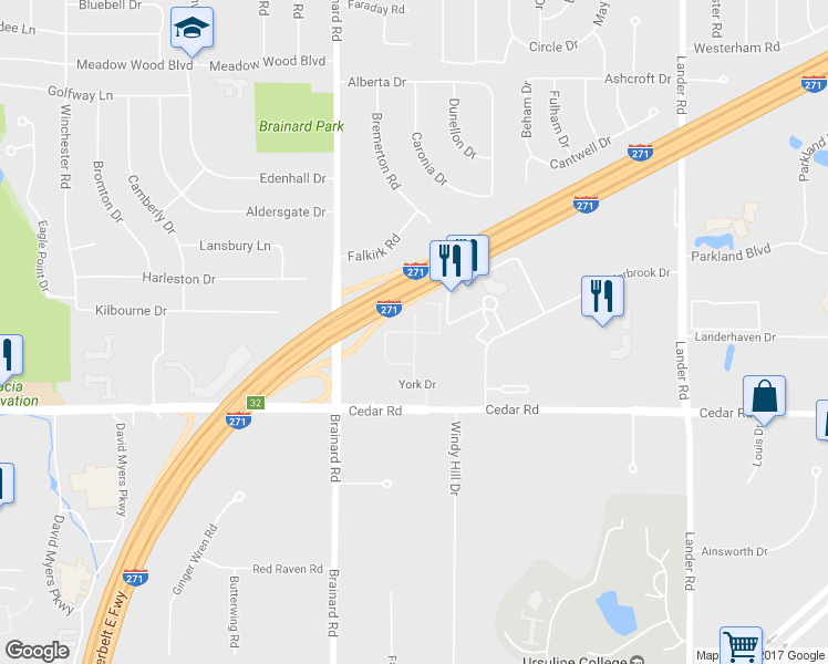 map of restaurants, bars, coffee shops, grocery stores, and more near 2222 Glouchester Drive in Lyndhurst