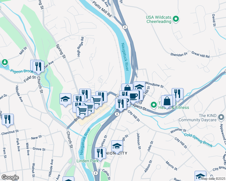 map of restaurants, bars, coffee shops, grocery stores, and more near 73 Greenwood Street in Naugatuck