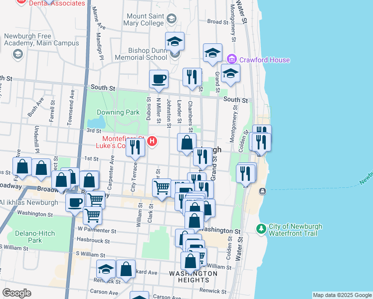 map of restaurants, bars, coffee shops, grocery stores, and more near 86 Chambers Street in Newburgh