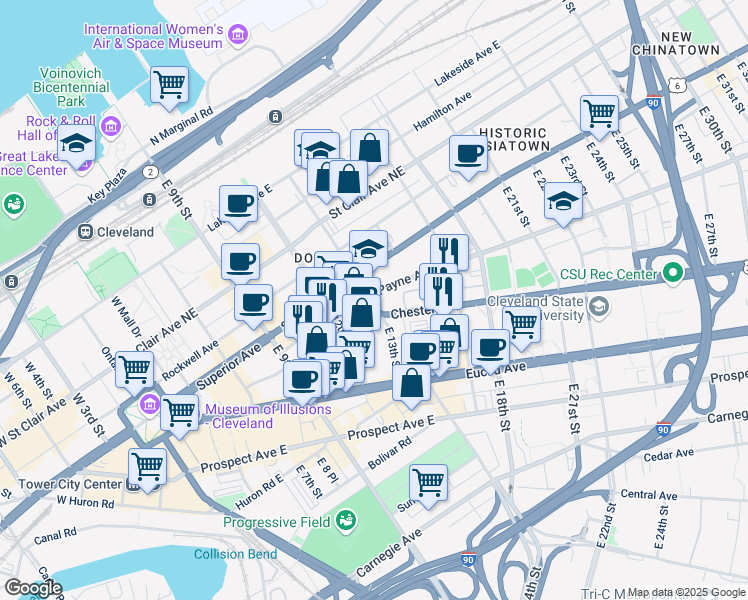 map of restaurants, bars, coffee shops, grocery stores, and more near 1821 U.S. 322 in Cleveland