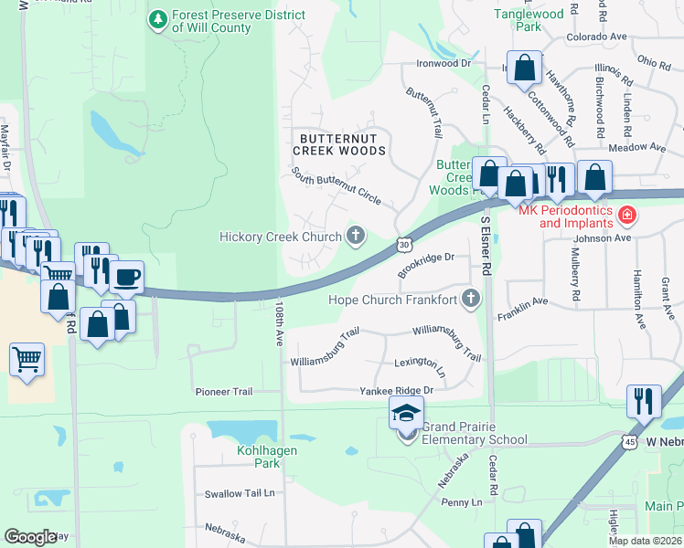 map of restaurants, bars, coffee shops, grocery stores, and more near 365 South Walnut Ridge Court in Frankfort