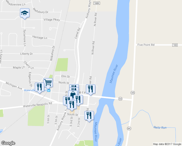 map of restaurants, bars, coffee shops, grocery stores, and more near 257 North River Road in Waterville