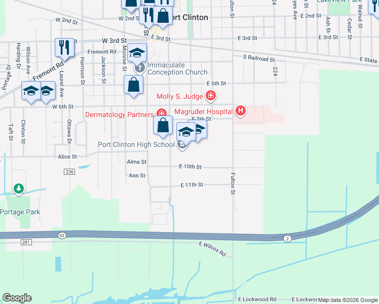 map of restaurants, bars, coffee shops, grocery stores, and more near 821 Jefferson Street in Port Clinton